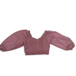 mauve / pink polka dot detail crop top long sleeve with puffy sleeves
